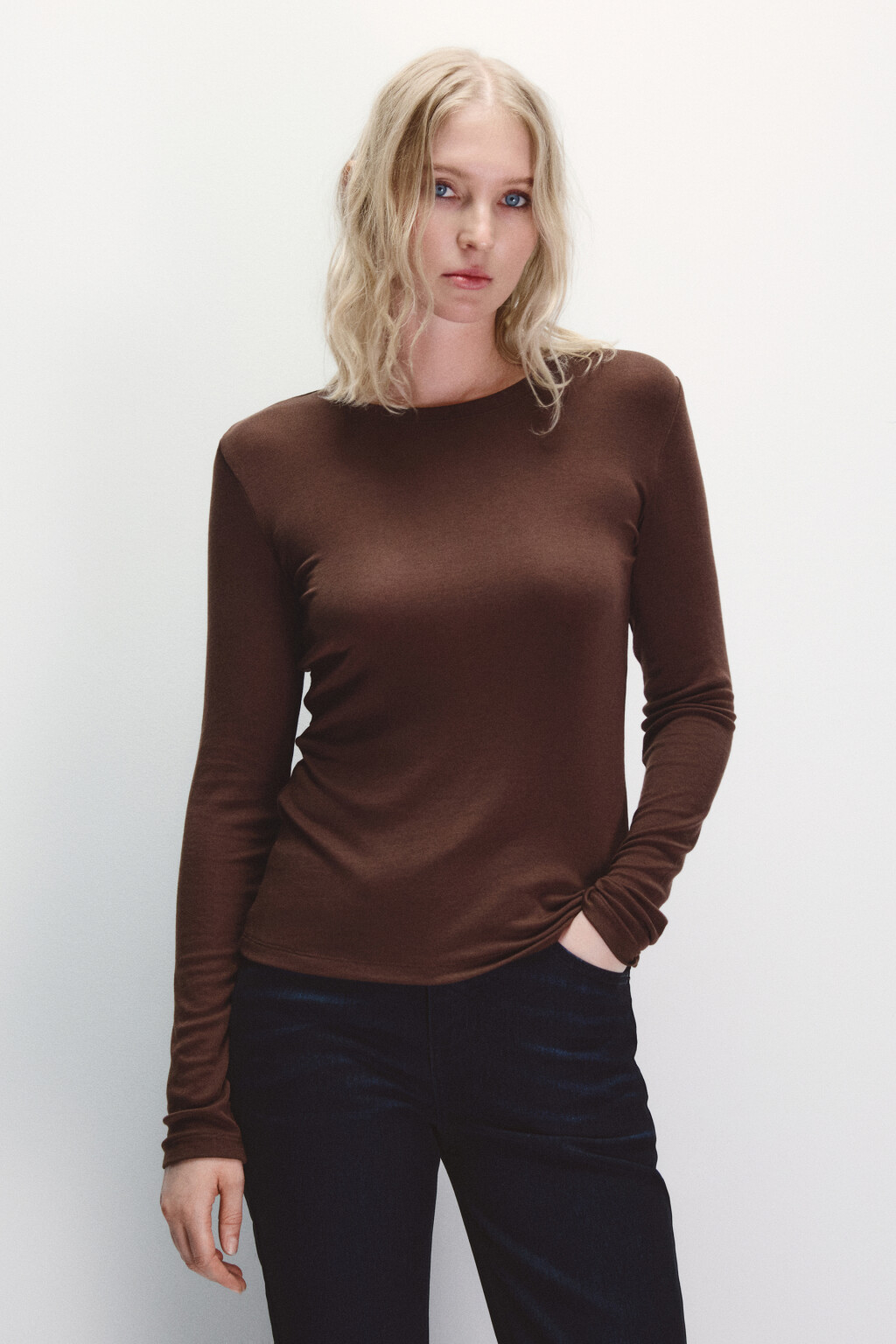 Лонгслив трикотажный с шерстью - цвет коричневый - 2