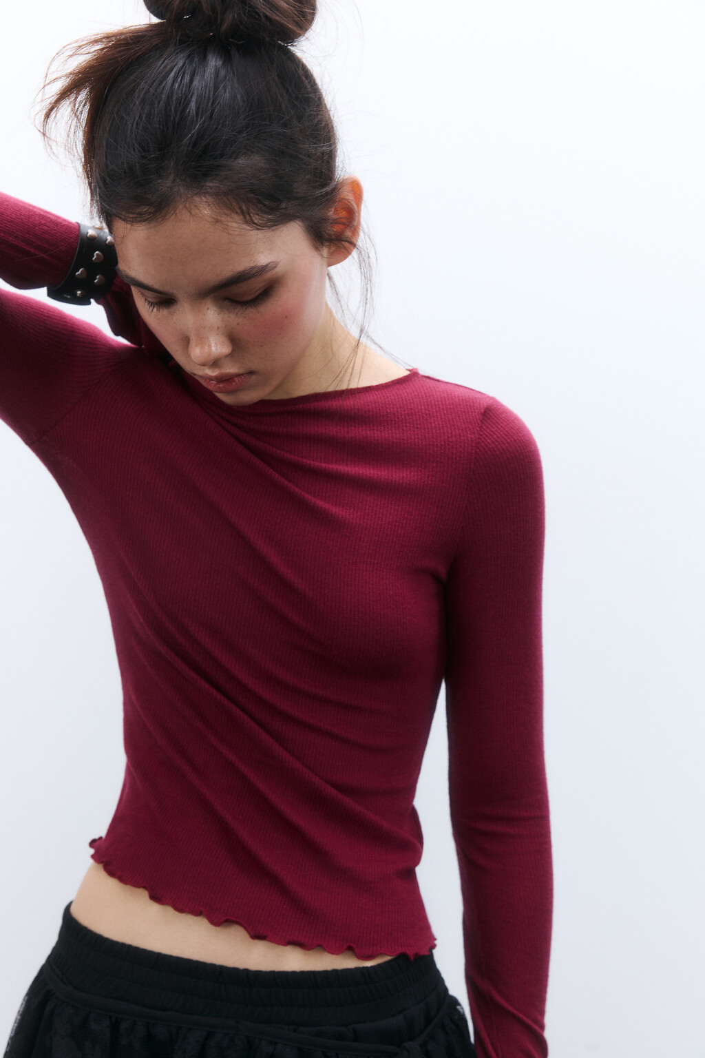 Лонгслив облегающий в рубчик - цвет бордовый - 2