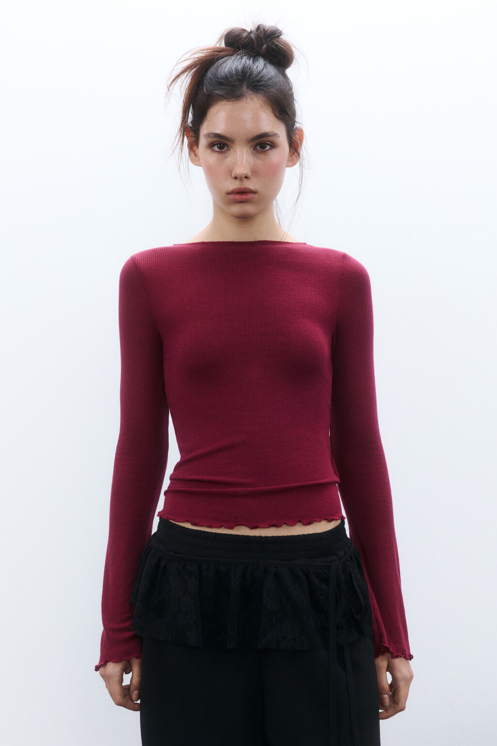 Лонгслив облегающий в рубчик - цвет бордовый - 3