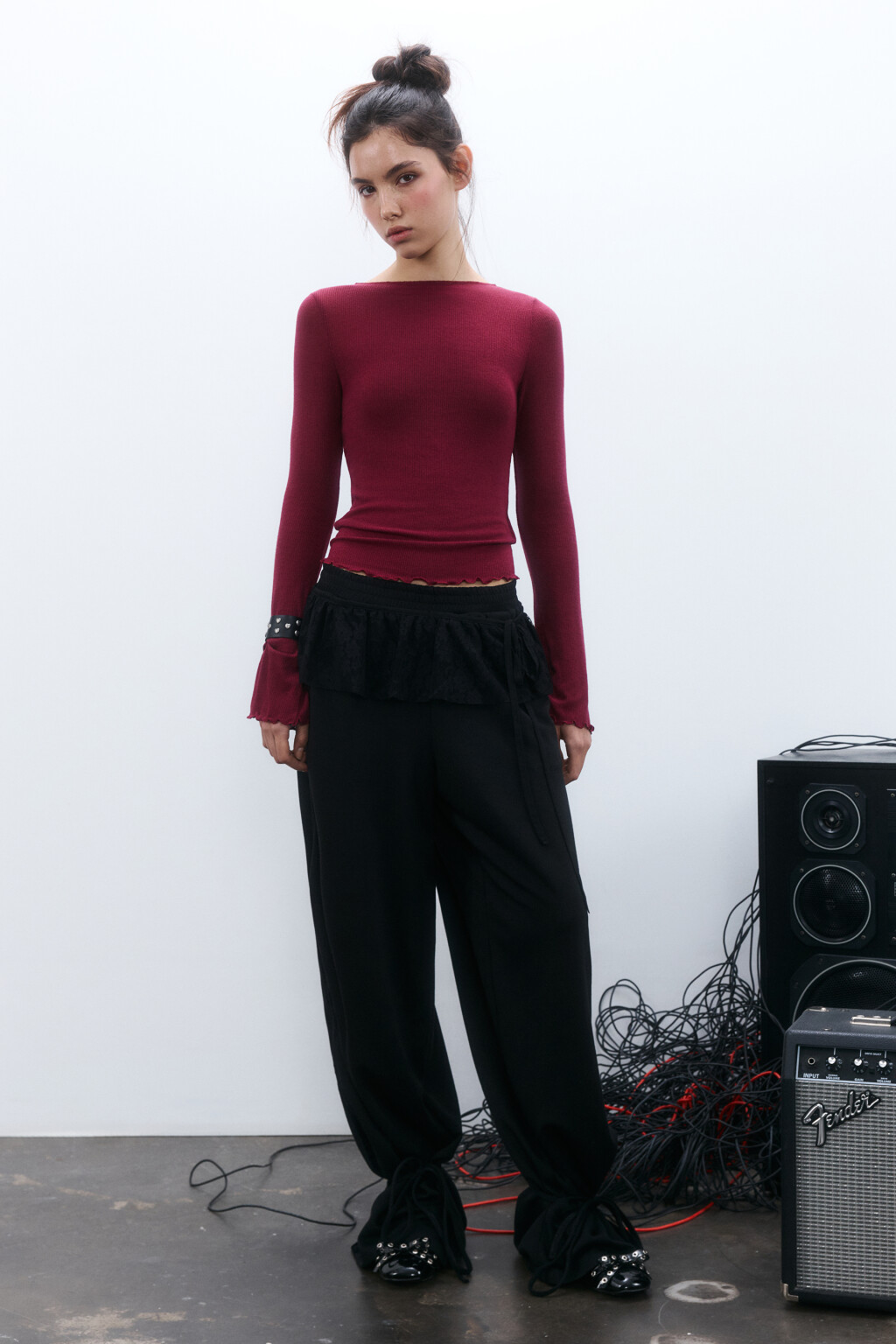 Лонгслив облегающий в рубчик - цвет бордовый - 5