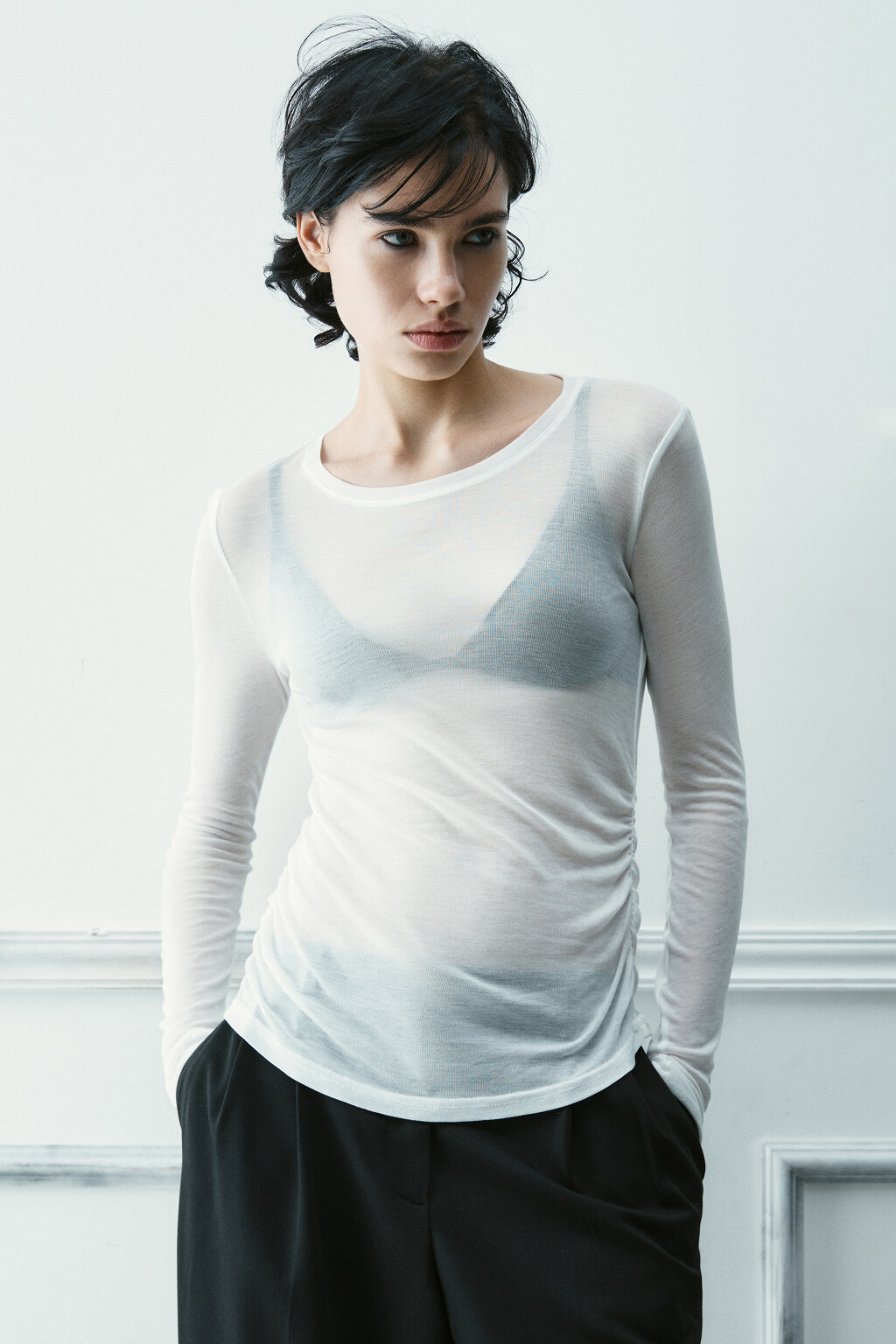 Лонгслив из лиоцелла с драпировками - цвет белый - 3