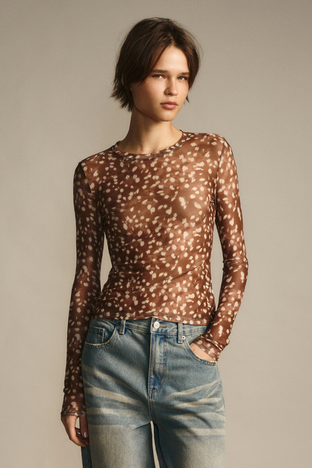 Лонгслив облегающий из сетки - цвет бежевый - 3