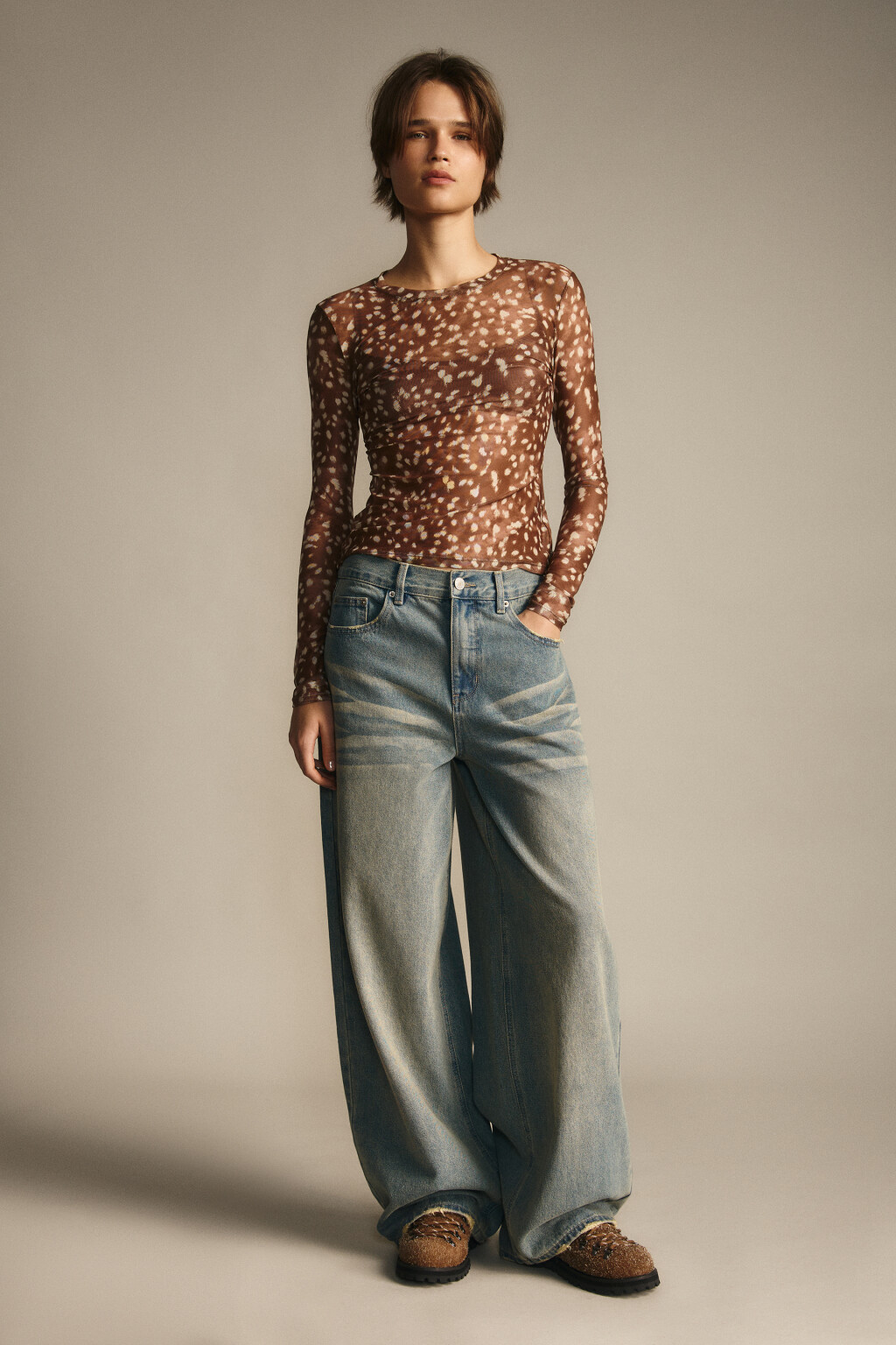 Лонгслив облегающий из сетки - цвет бежевый - 5