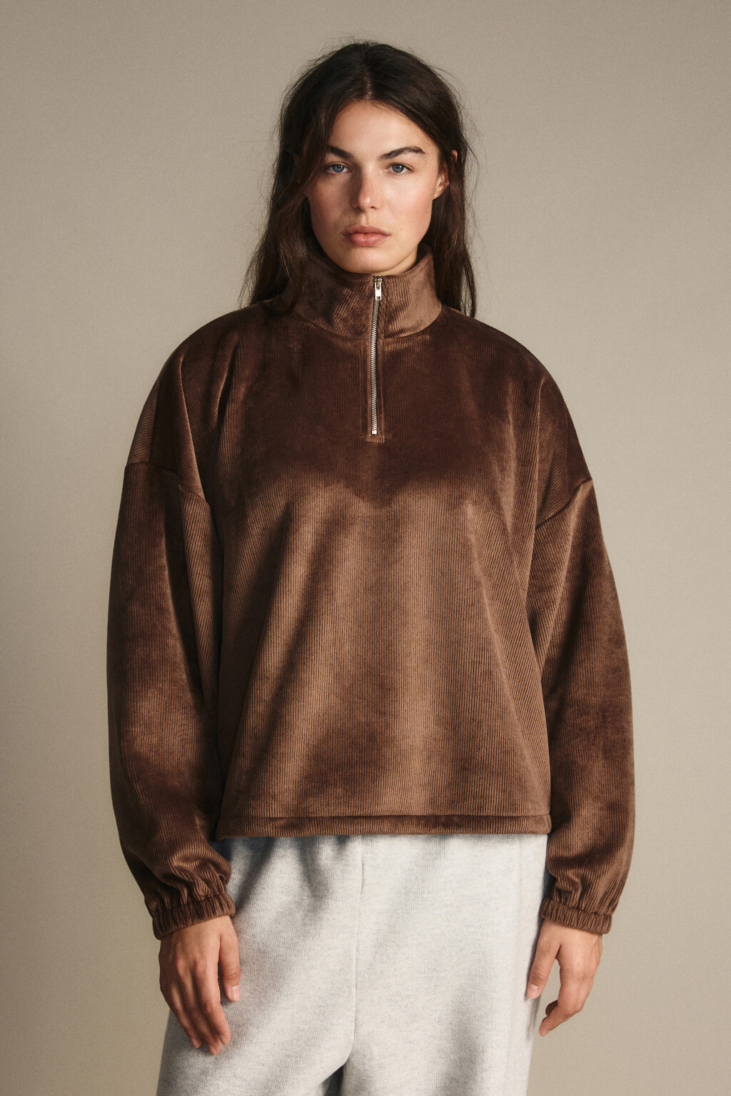 Толстовка на молнии вельветовая - цвет коричневый - 3