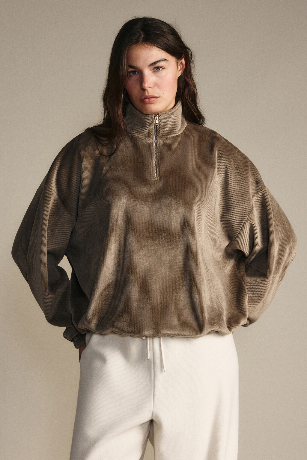 Толстовка на молнии вельветовая - цвет бежевый - 2