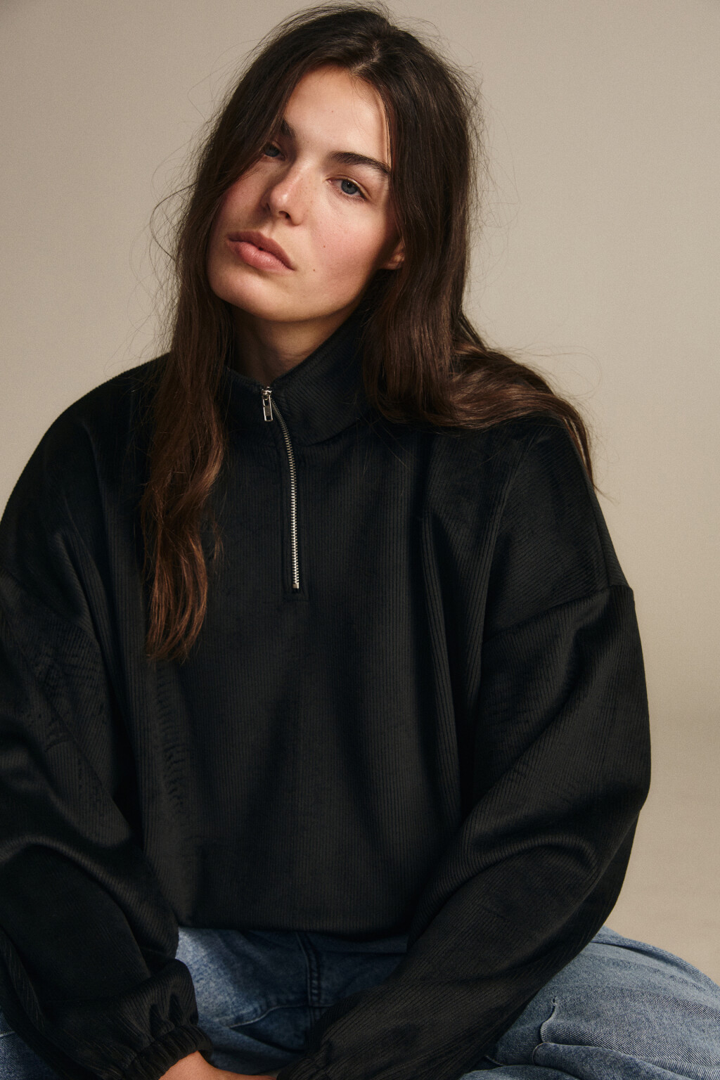 Толстовка на молнии вельветовая - цвет черный - 1