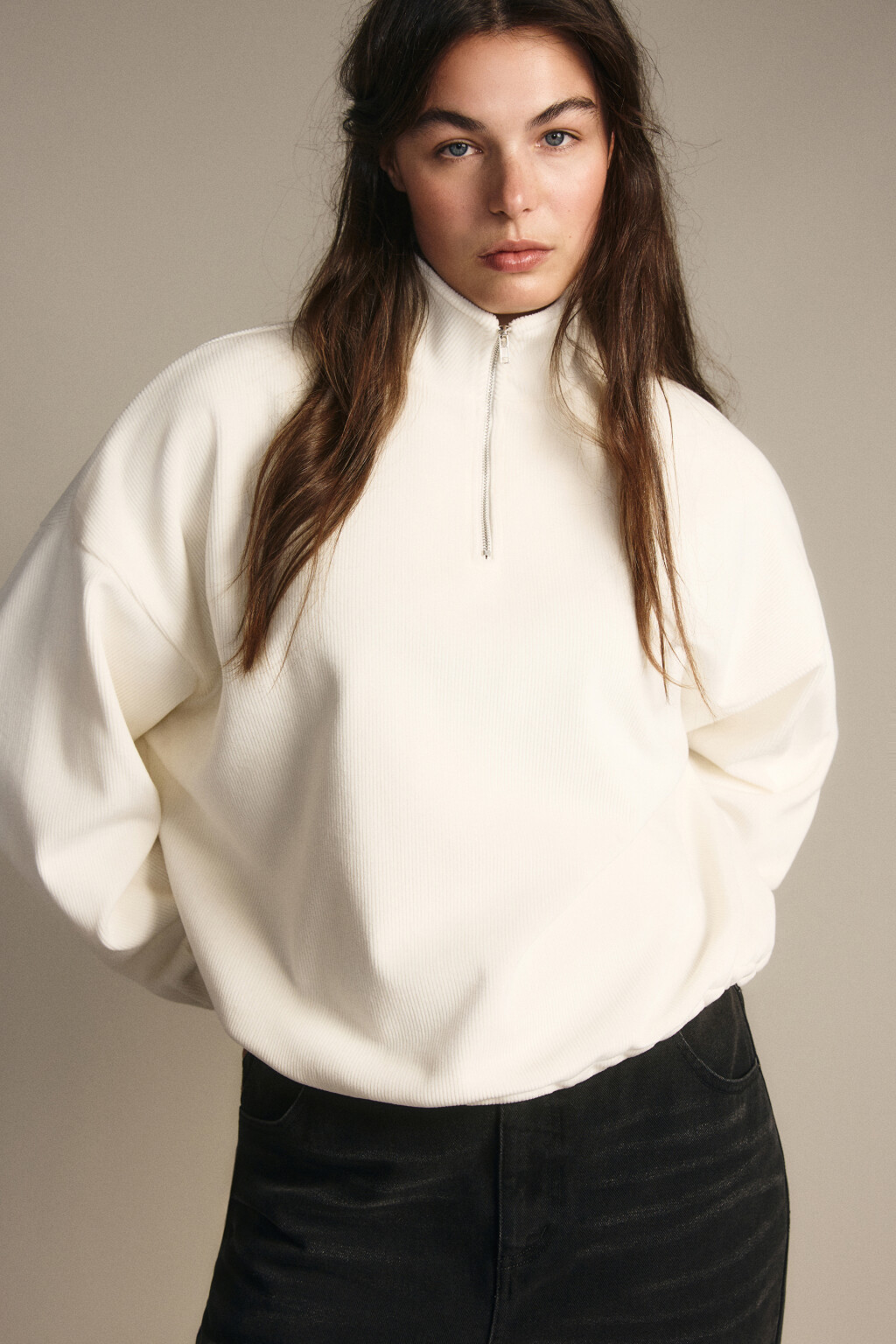 Толстовка на молнии вельветовая - цвет молочный - 1