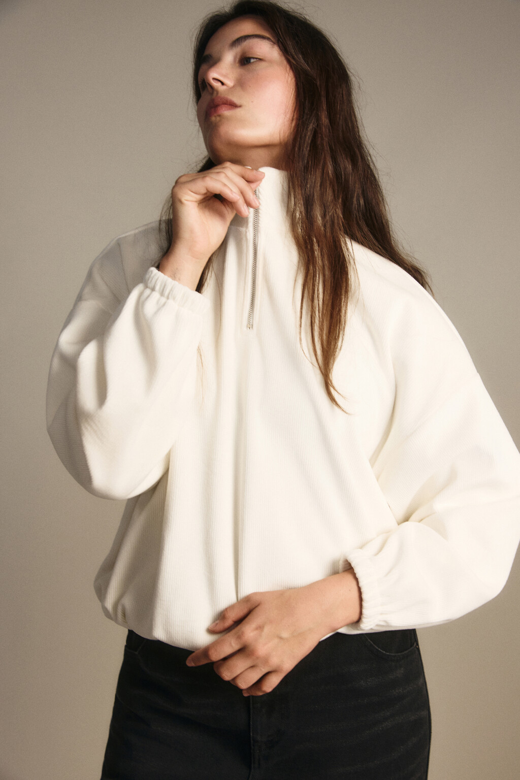 Толстовка на молнии вельветовая - цвет молочный - 2