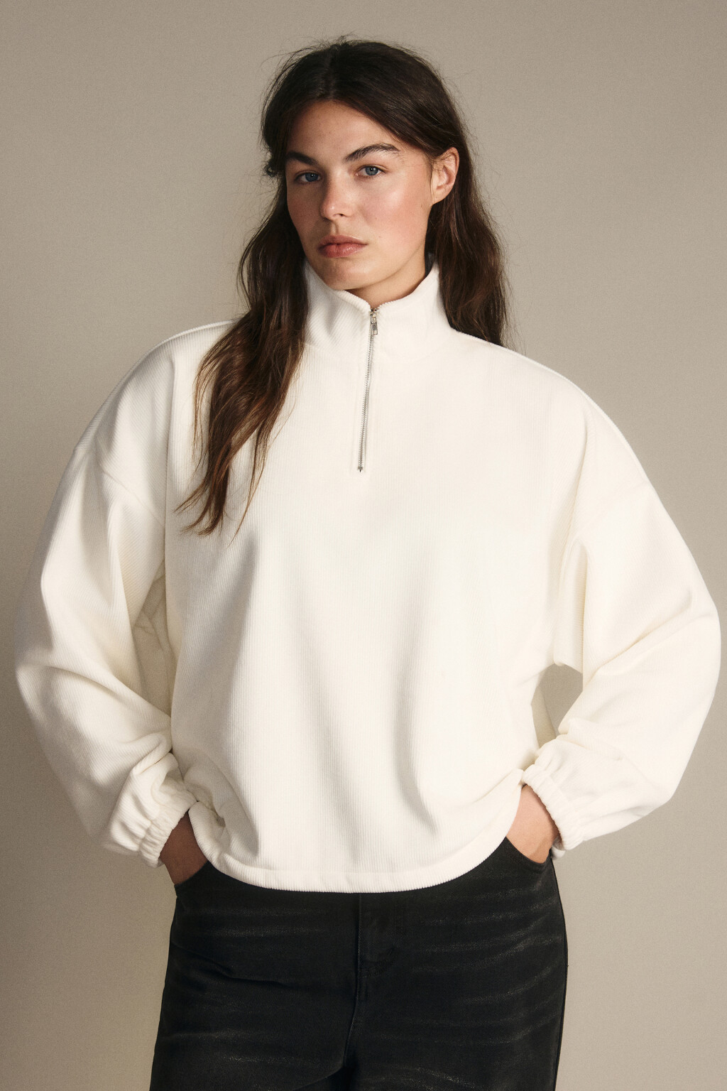 Толстовка на молнии вельветовая - цвет молочный - 3