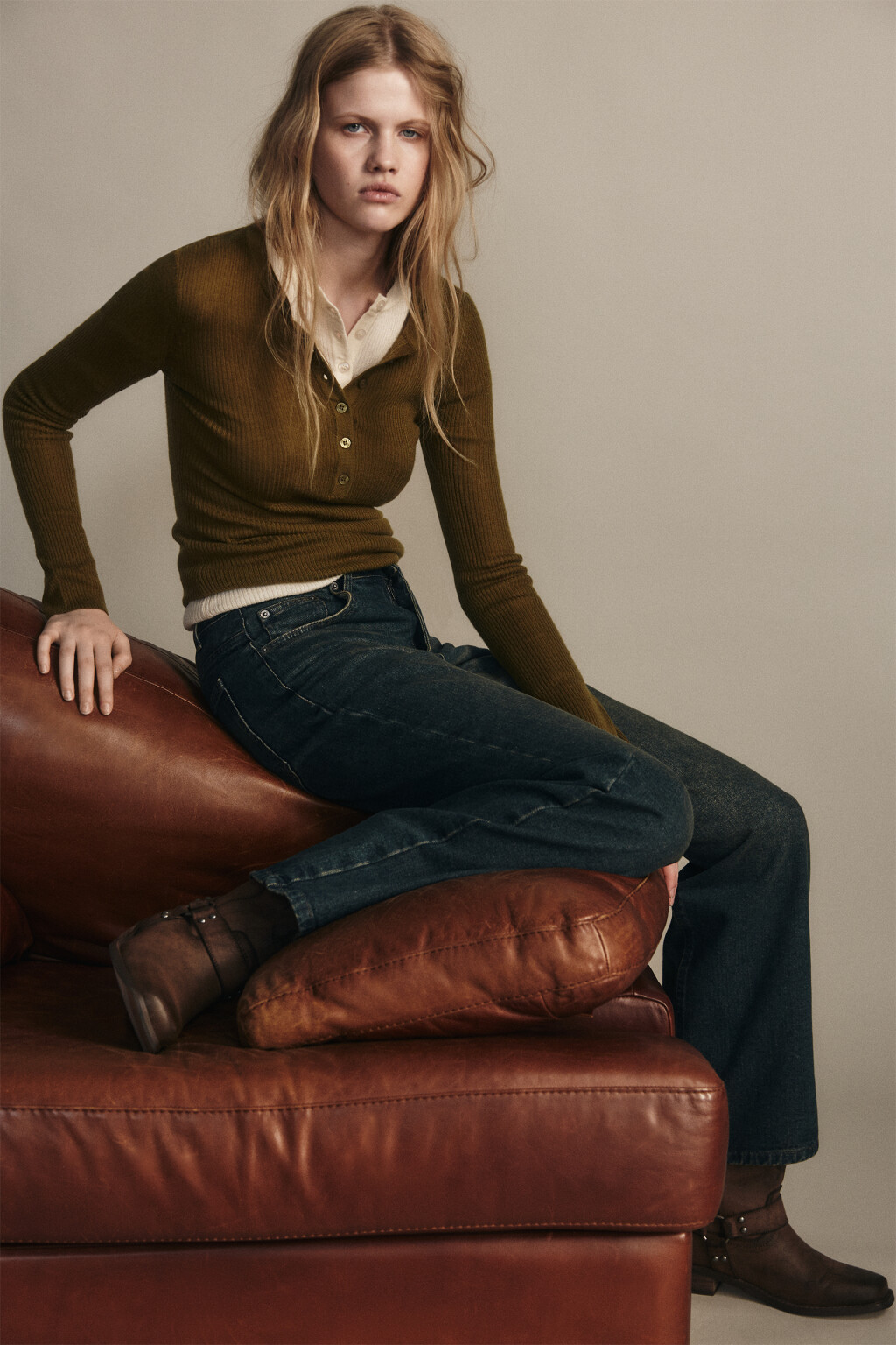 Джинсы широкие утепленные с начесом - цвет темный тинт - 1