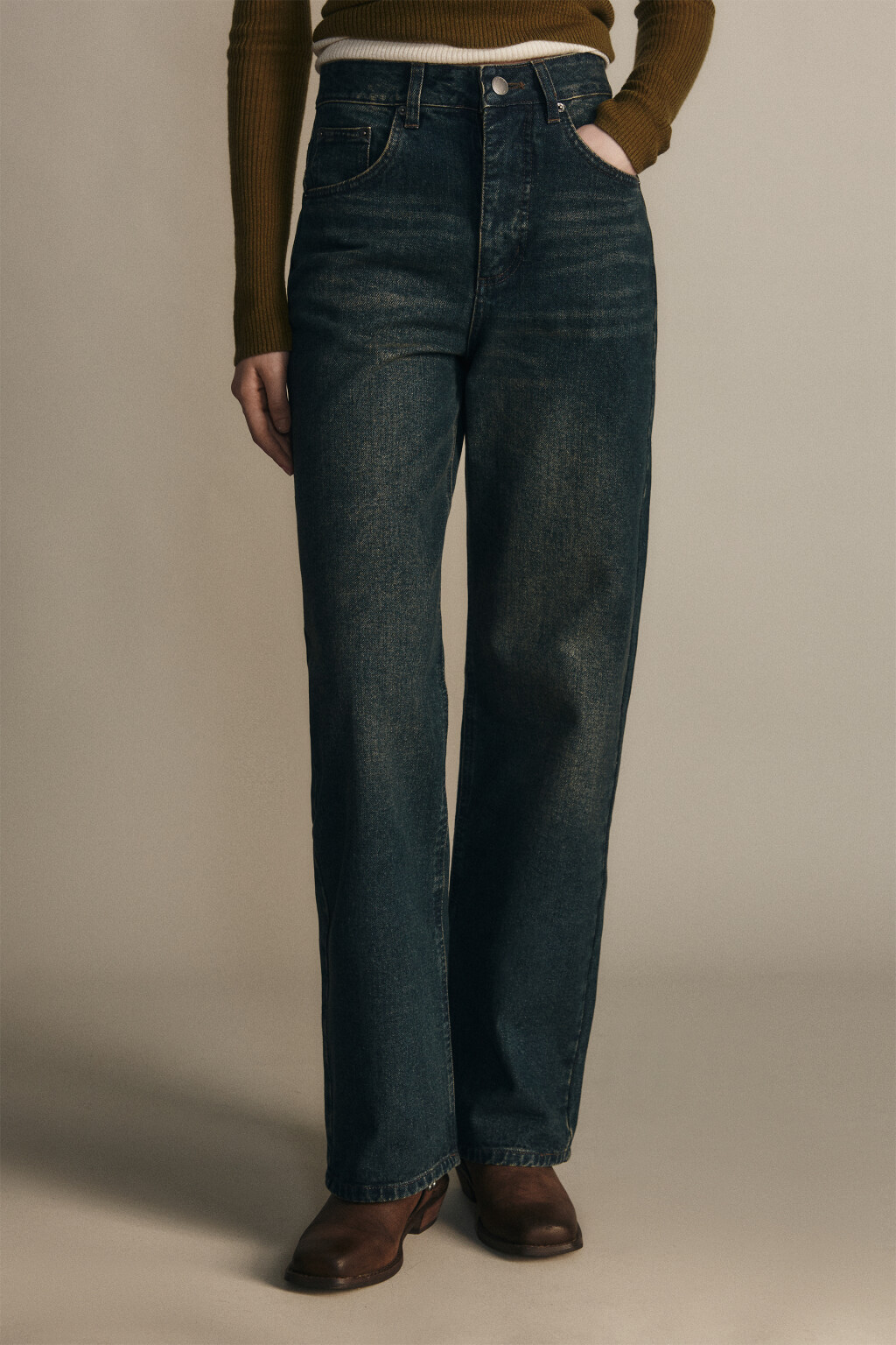 Джинсы широкие утепленные с начесом - цвет темный тинт - 2