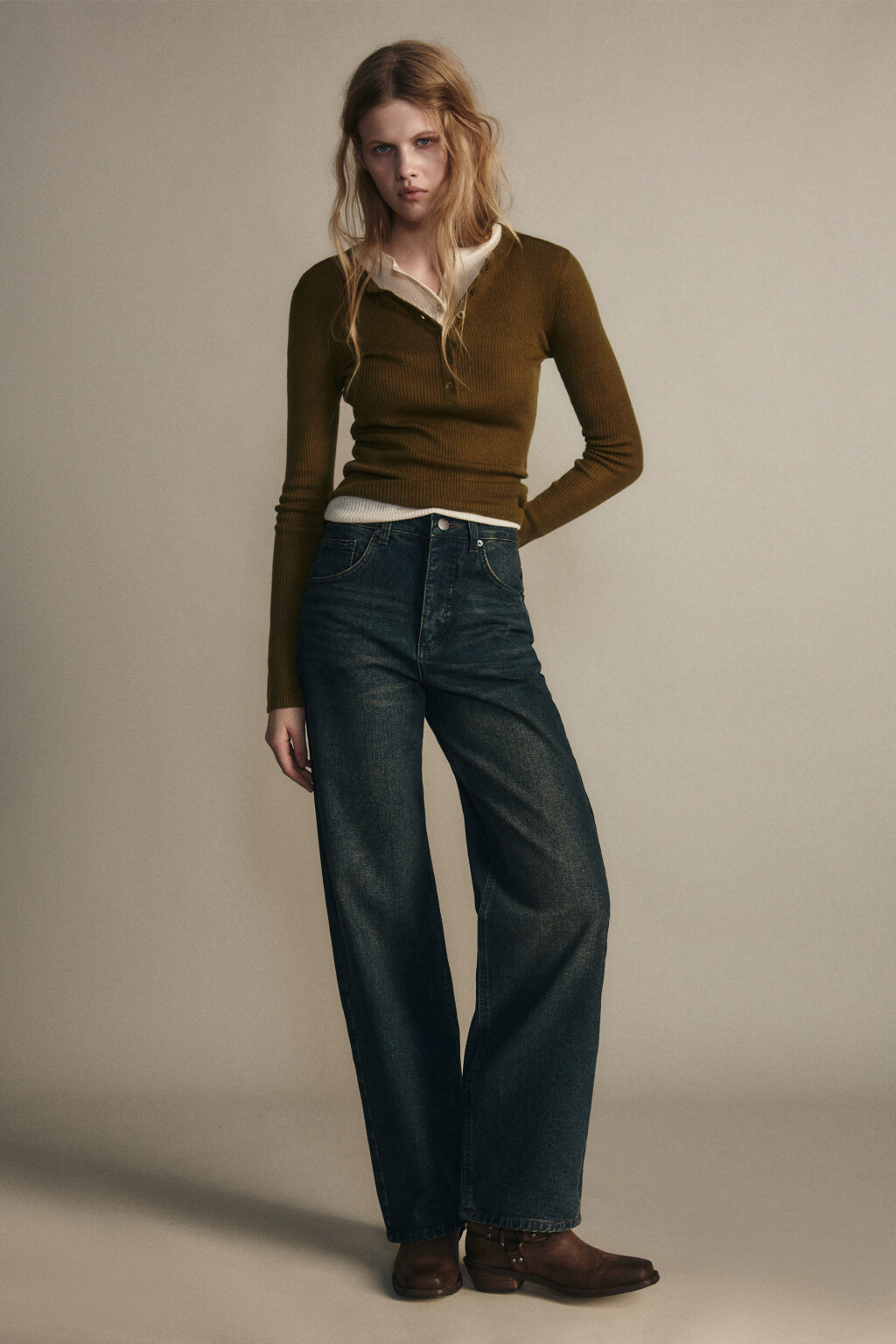 Джинсы широкие утепленные с начесом - цвет темный тинт - 4