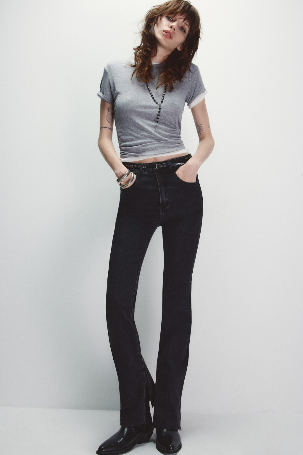 Джинсы клеш с открытыми срезами - цвет серый - 1