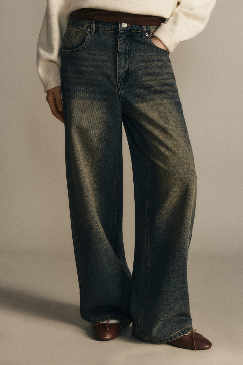 Джинсы baggy fit утепленные с начесом - цвет темный тинт - 2