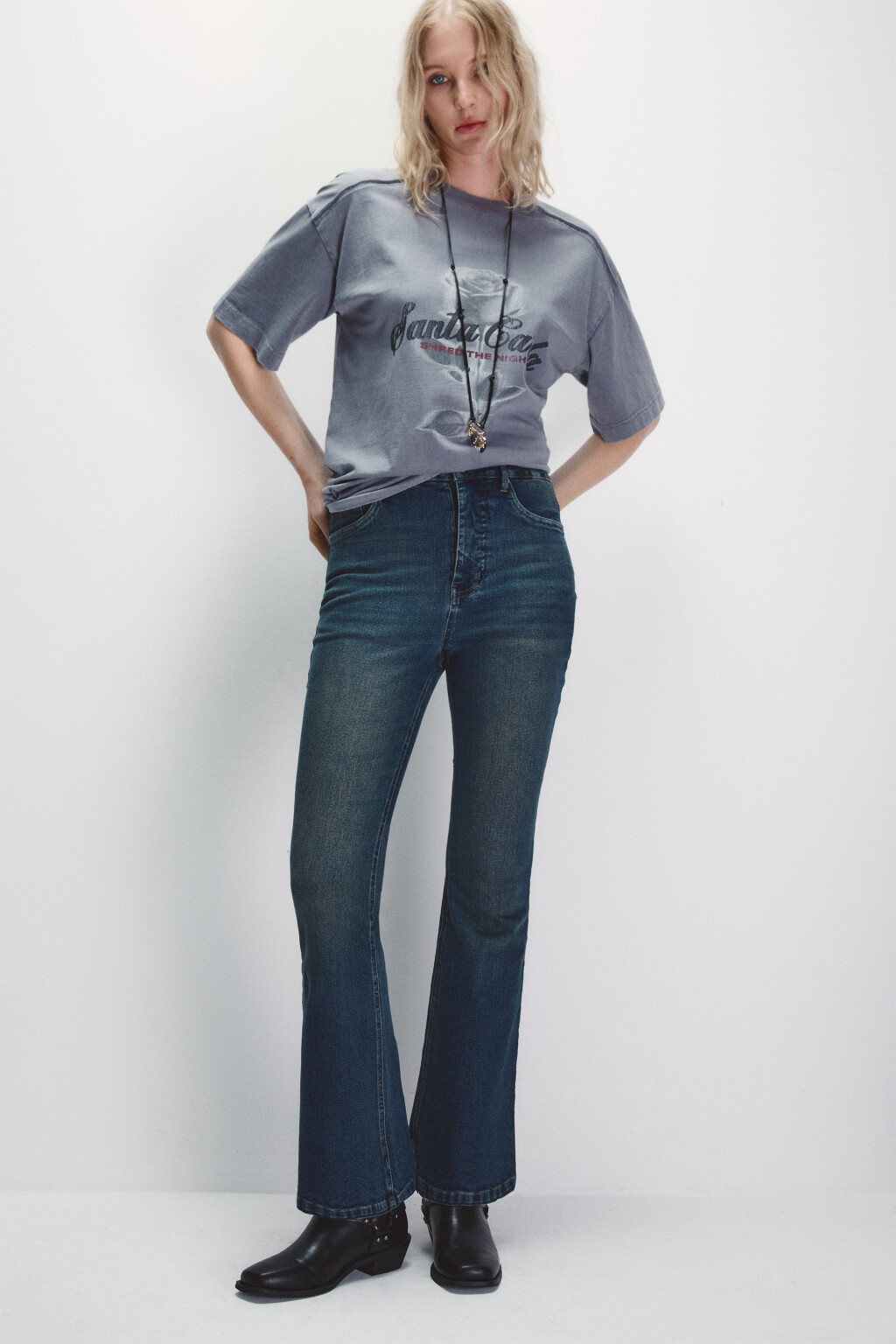 Джинсы клеш с высокой посадкой - цвет синий - 1