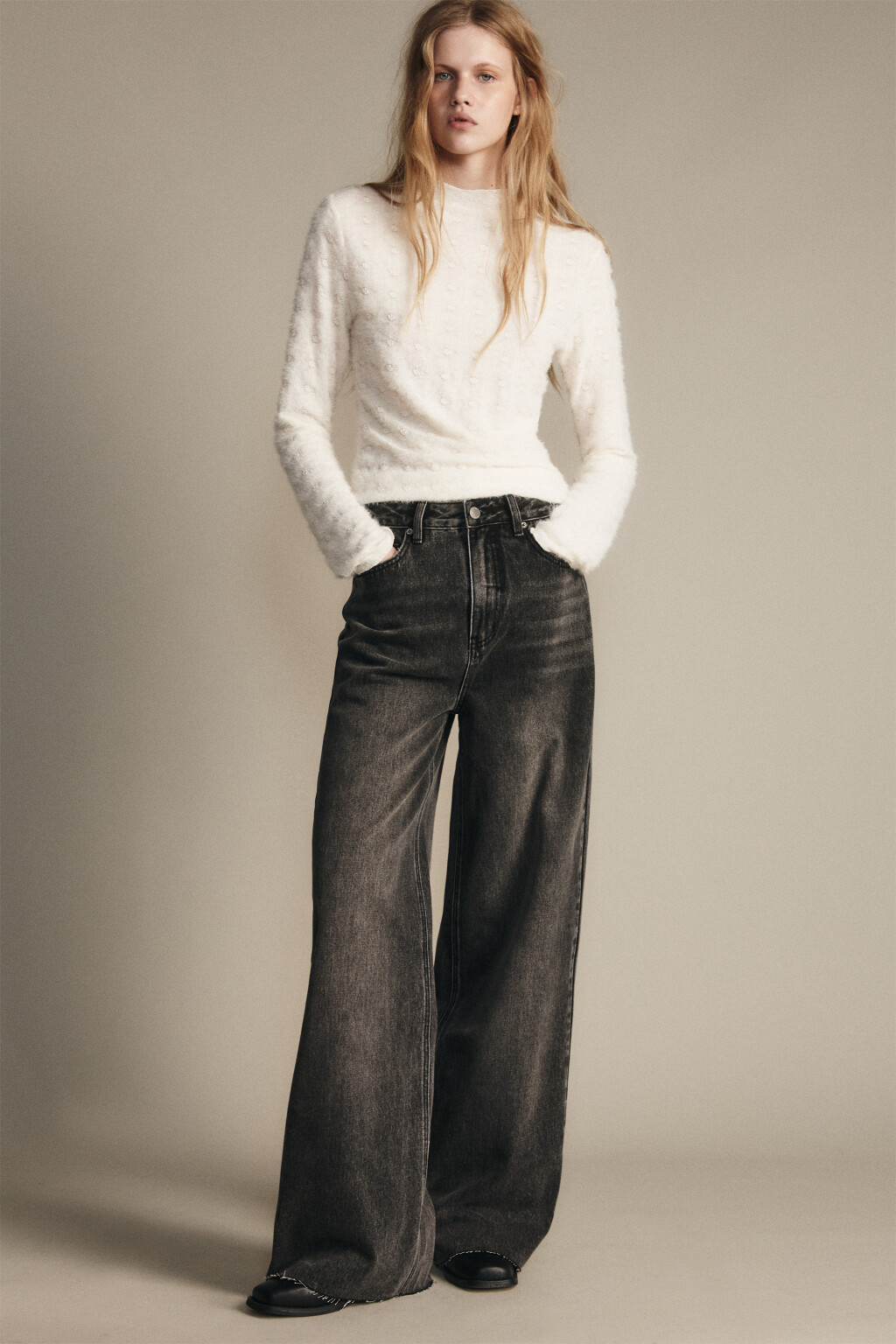 Джинсы широкие с высокой посадкой - цвет серый - 2