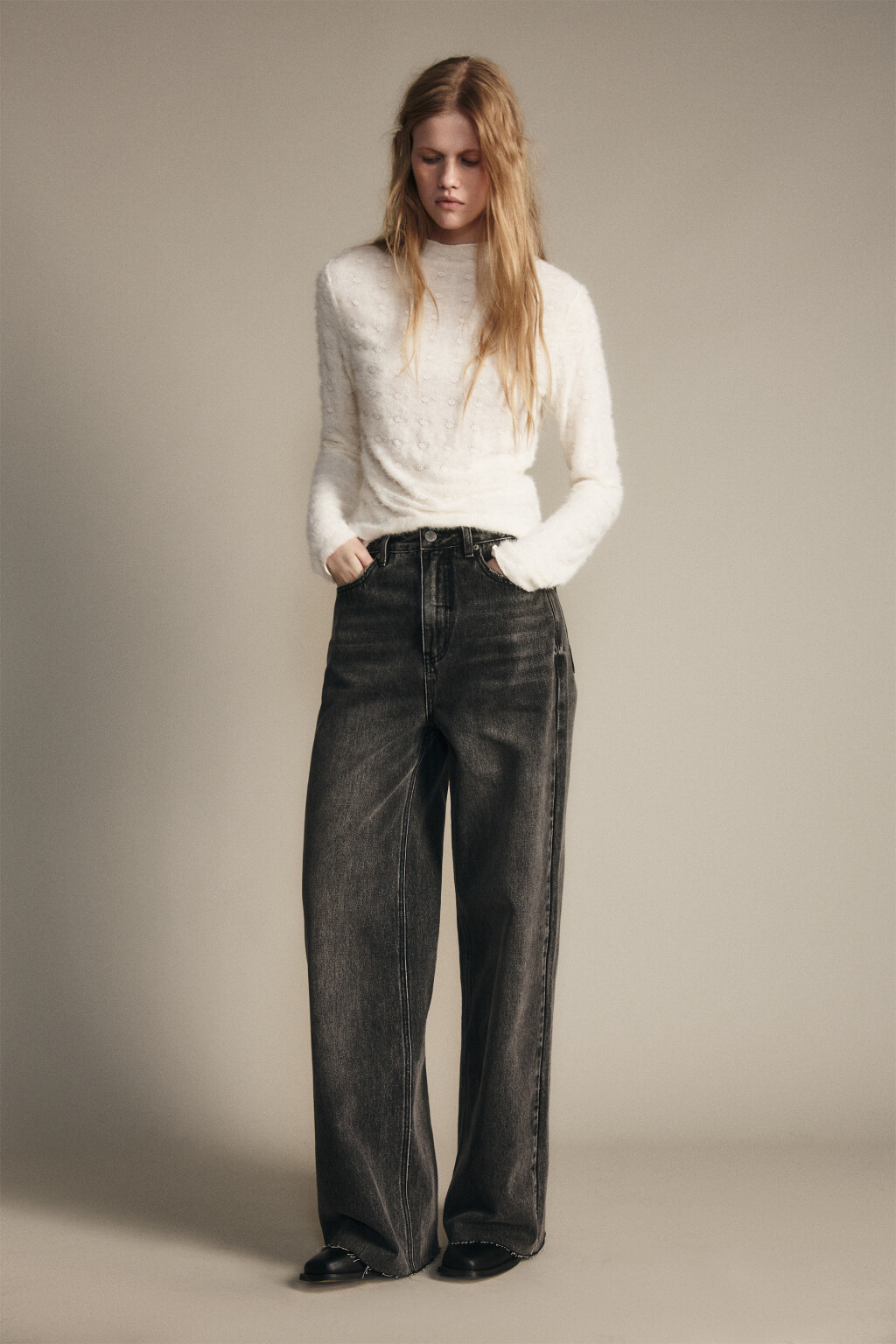 Джинсы широкие с высокой посадкой - цвет серый - 5