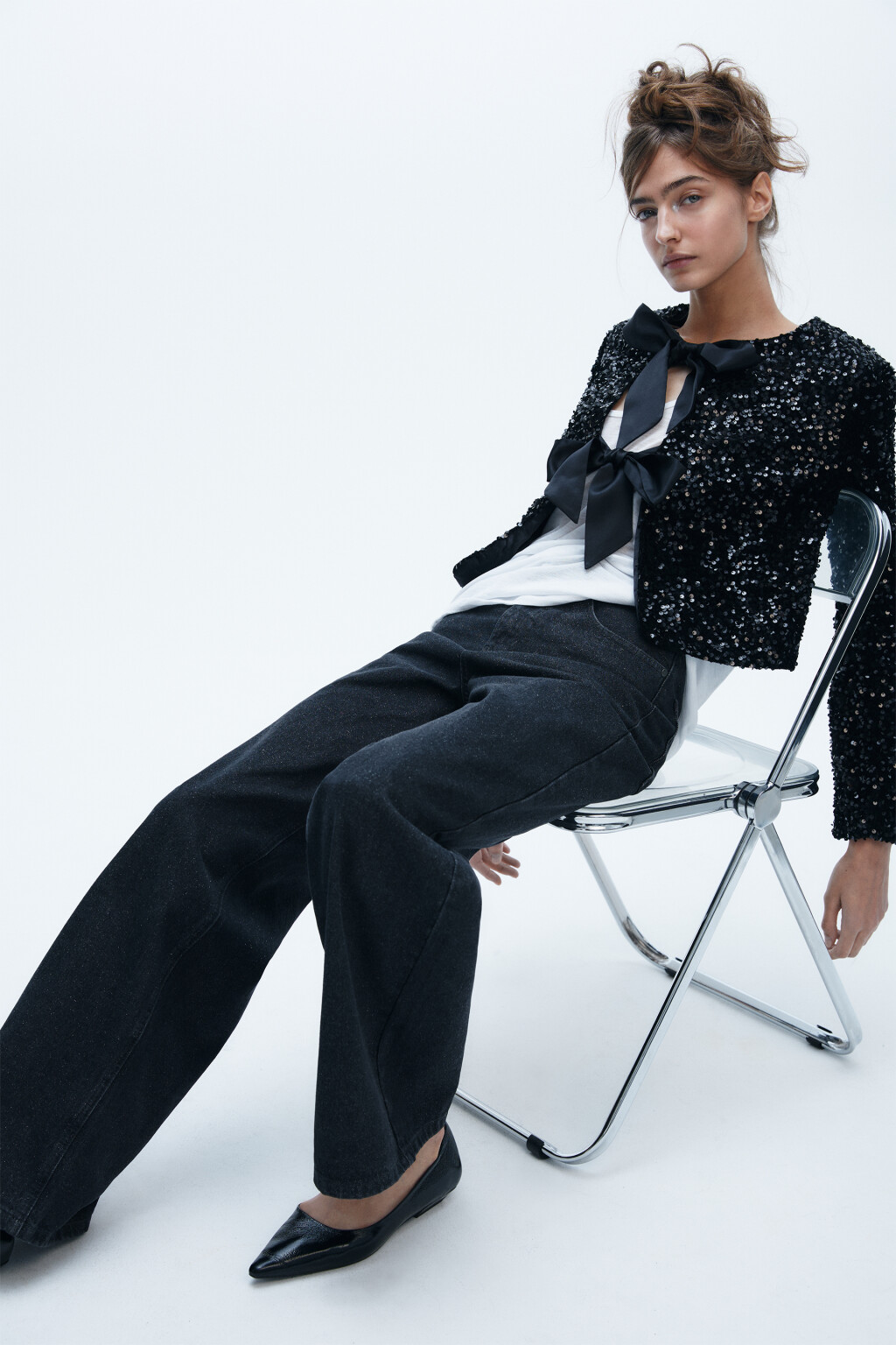 Джинсы широкие с блестками - цвет серый - 1