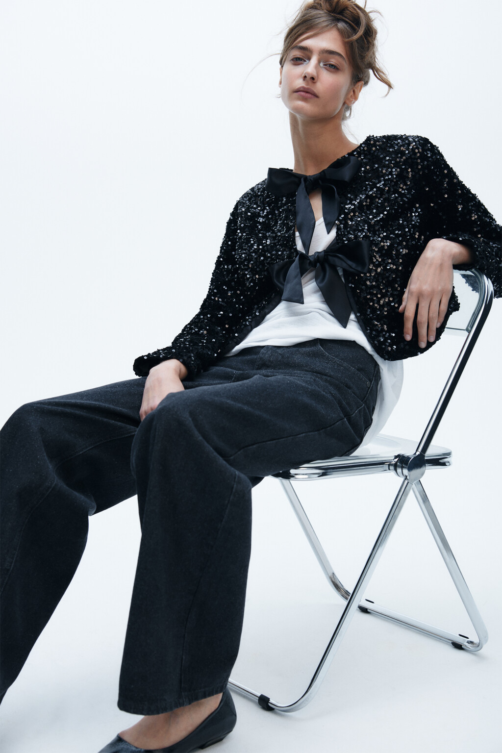 Джинсы широкие с блестками - цвет серый - 2