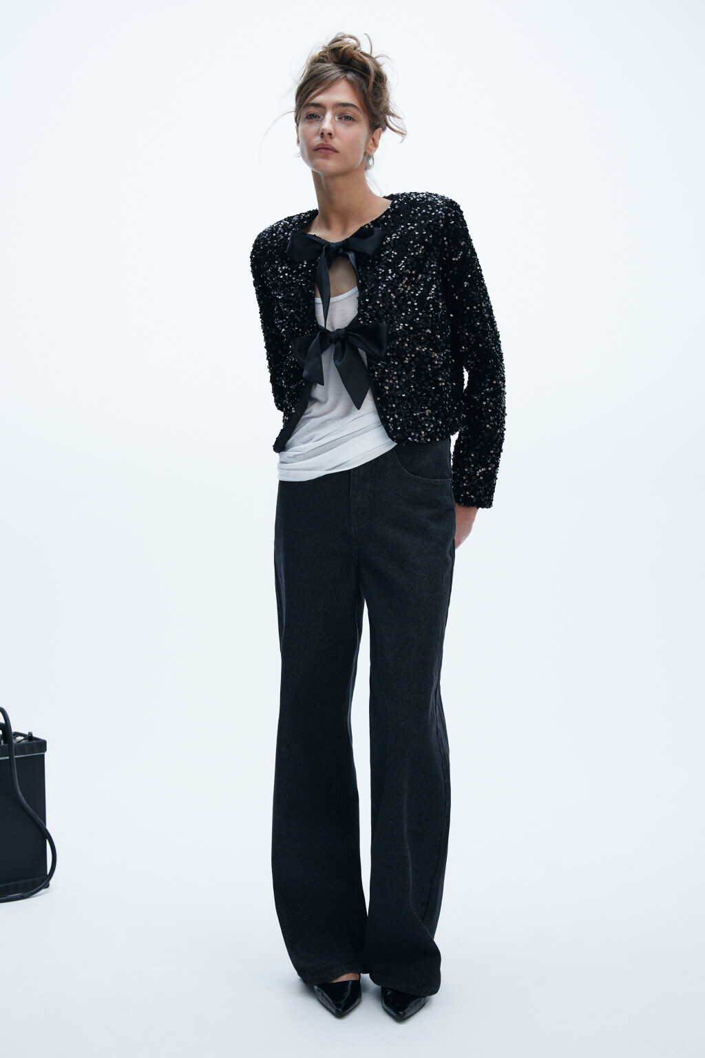 Джинсы широкие с блестками - цвет серый - 5