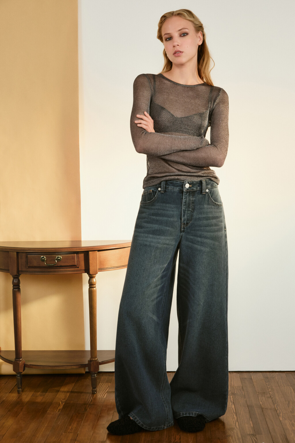 Джинсы широкие со средней посадкой - цвет синий - 1