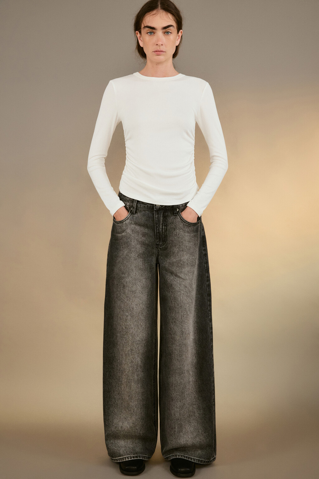 Джинсы широкие со средней посадкой - цвет серый - 1