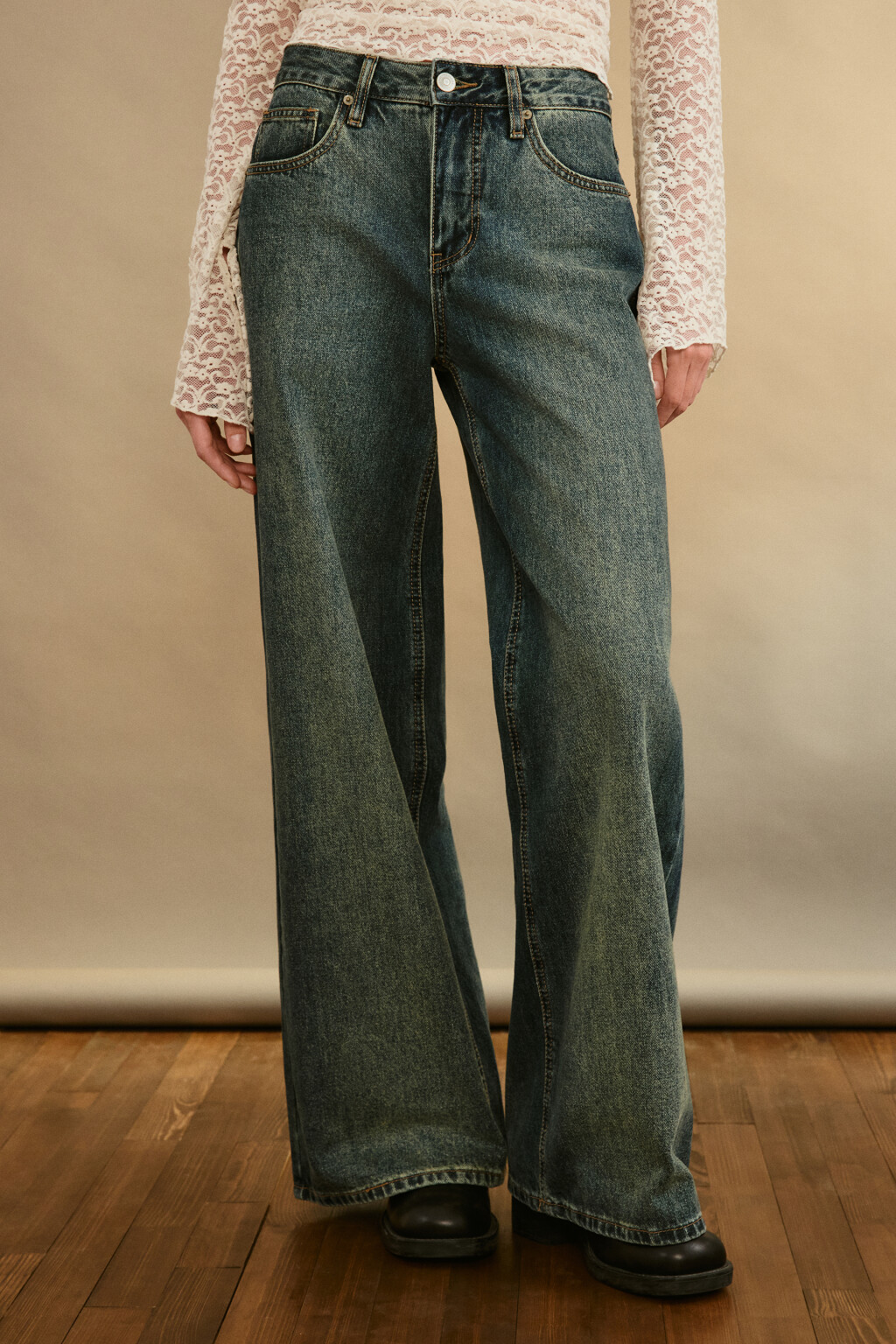 Джинсы широкие со средней посадкой - цвет темный тинт - 2