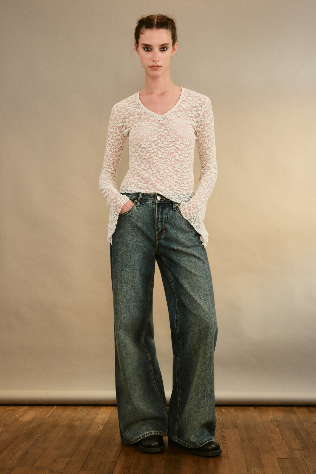 Джинсы широкие со средней посадкой - цвет темный тинт - 4