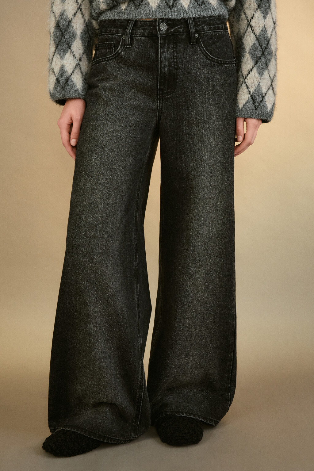 Джинсы широкие со средней посадкой - цвет черный - 2