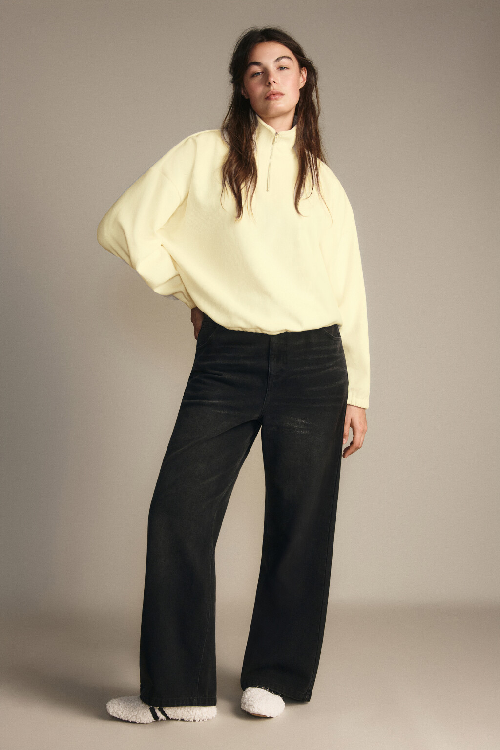 Джинсы широкие утепленные с начесом - цвет серый - 1