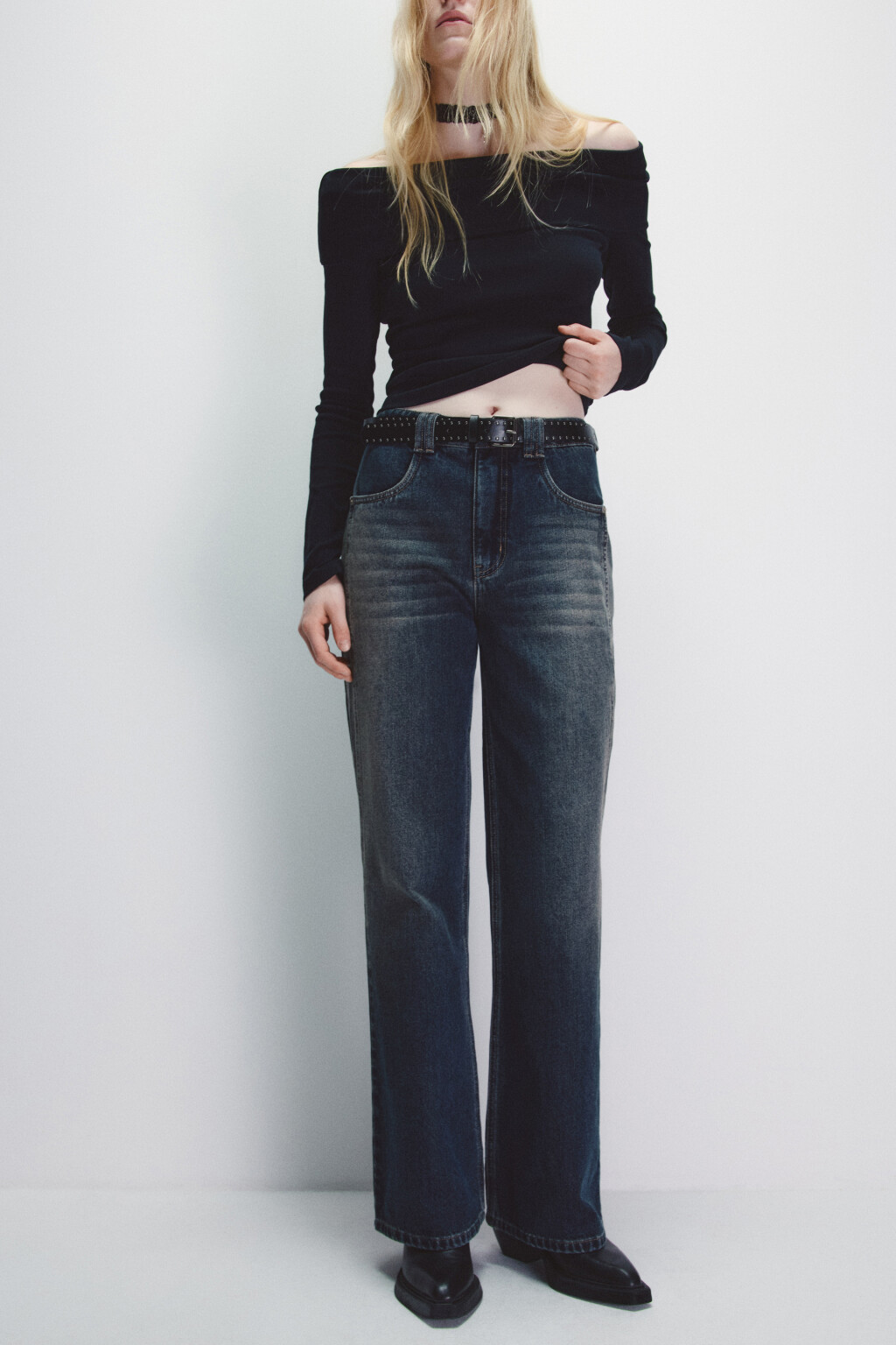 Джинсы клеш утепленные с начесом - цвет темный тинт - 2