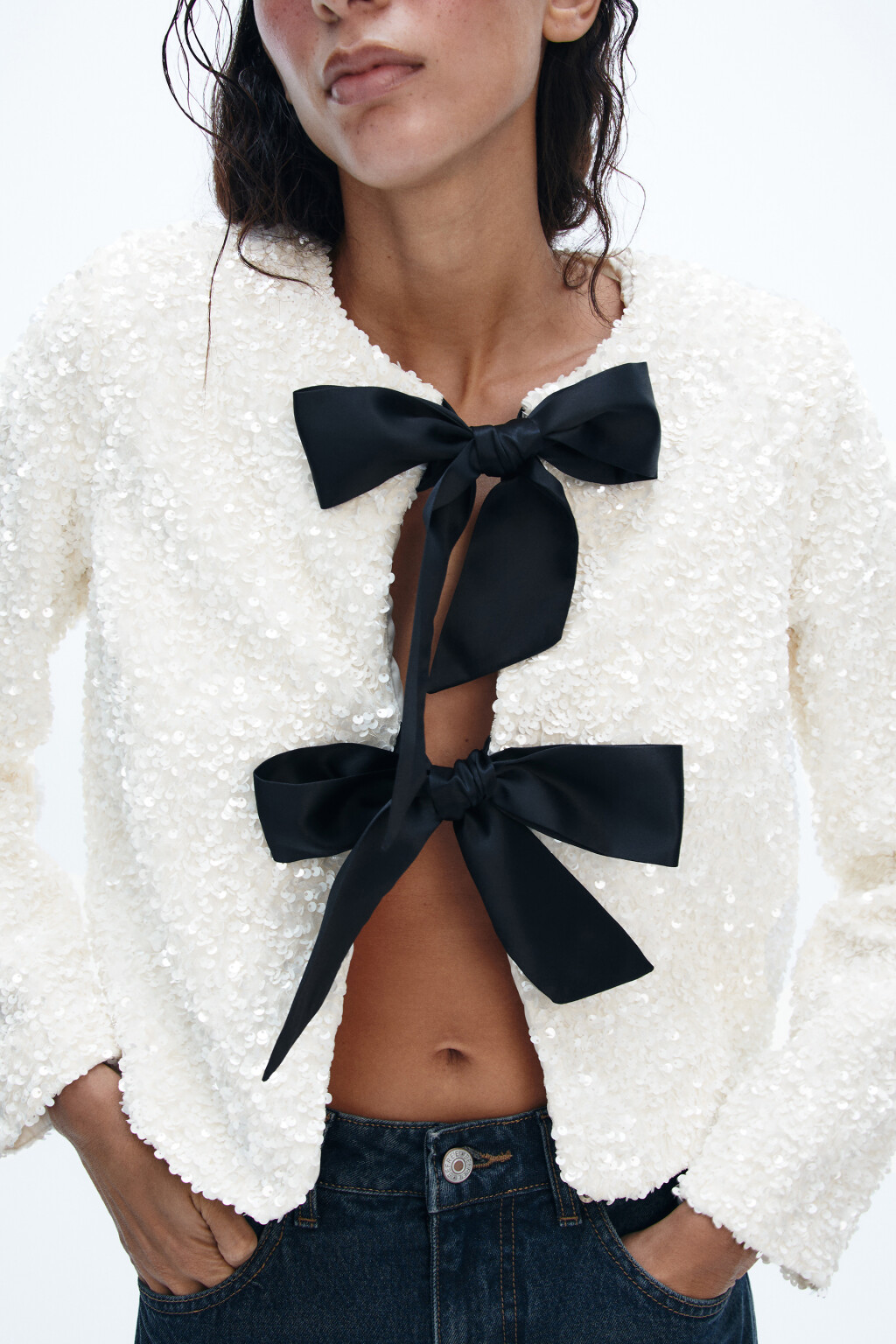 Жакет на завязках с пайетками - цвет молочный - 5