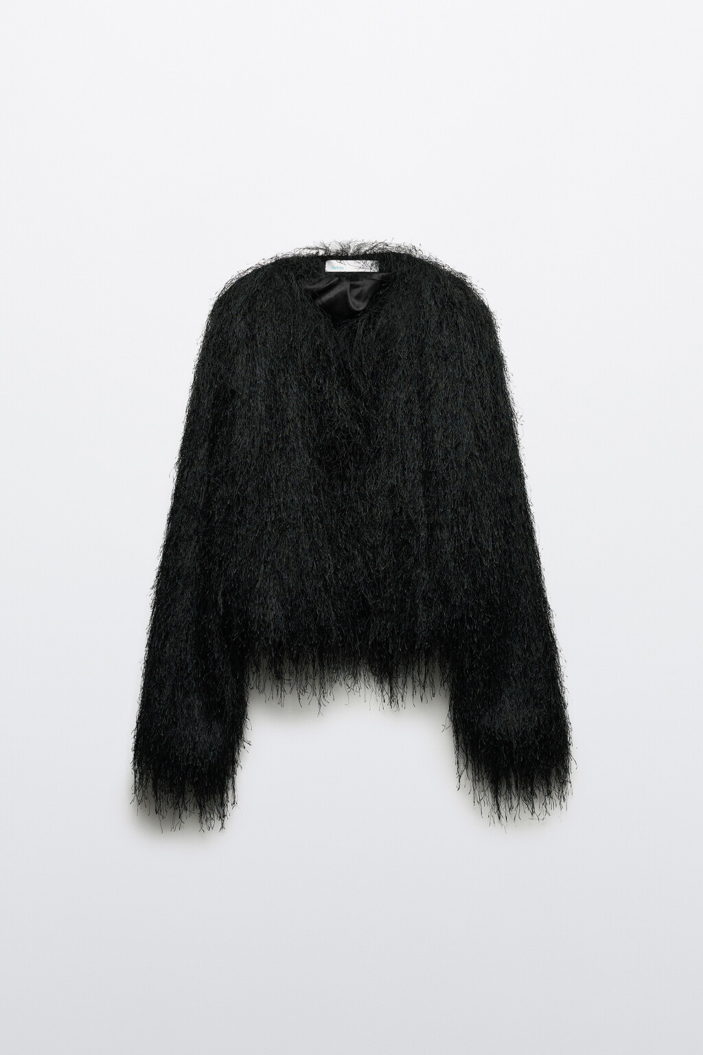 Жакет на крючках пушистый с бахромой - цвет черный - 8
