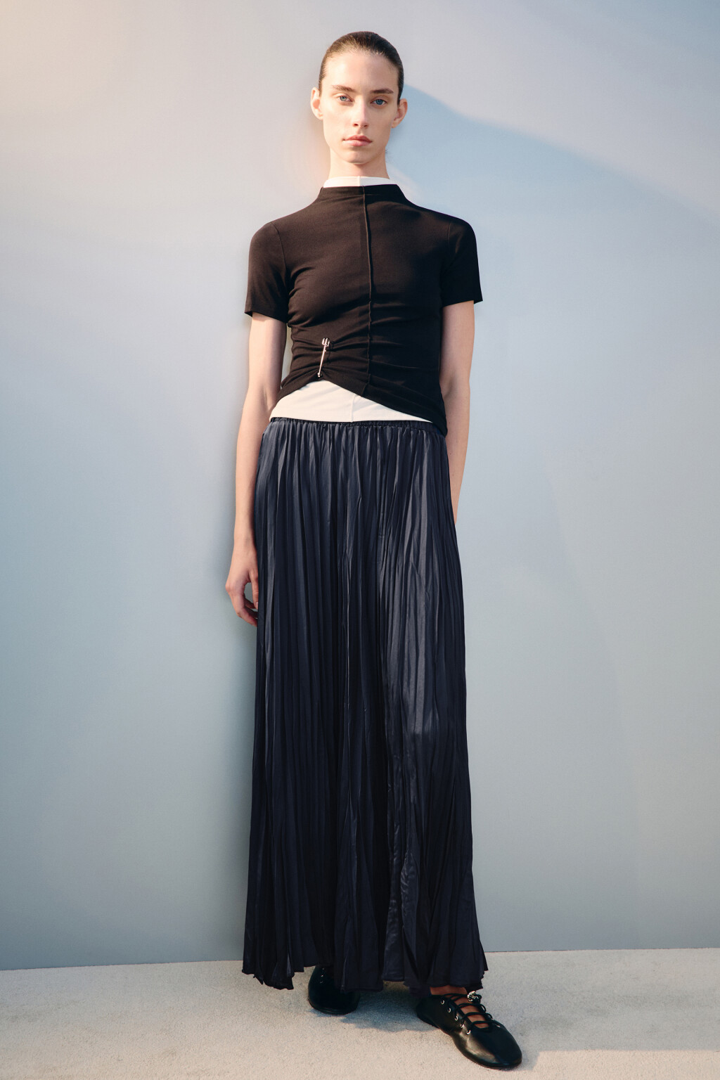 Юбка-трапеция из жатого атласа - цвет синий - 1