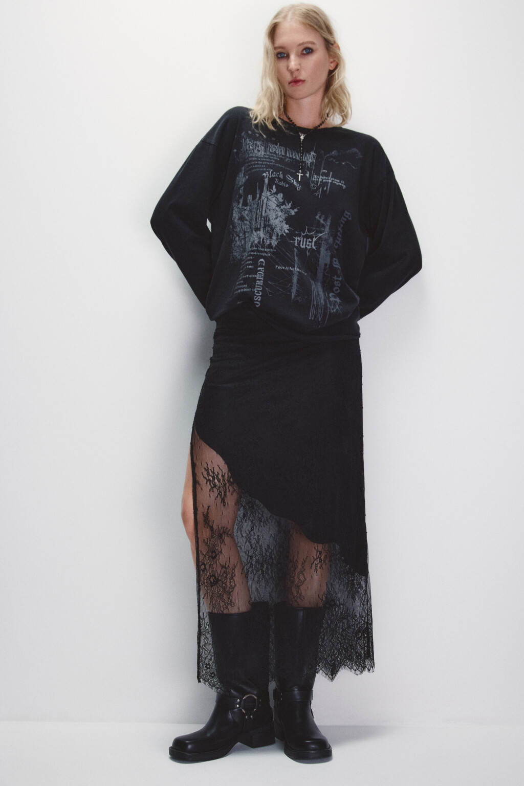 Юбка макси с кружевной вставкой - цвет черный - 1