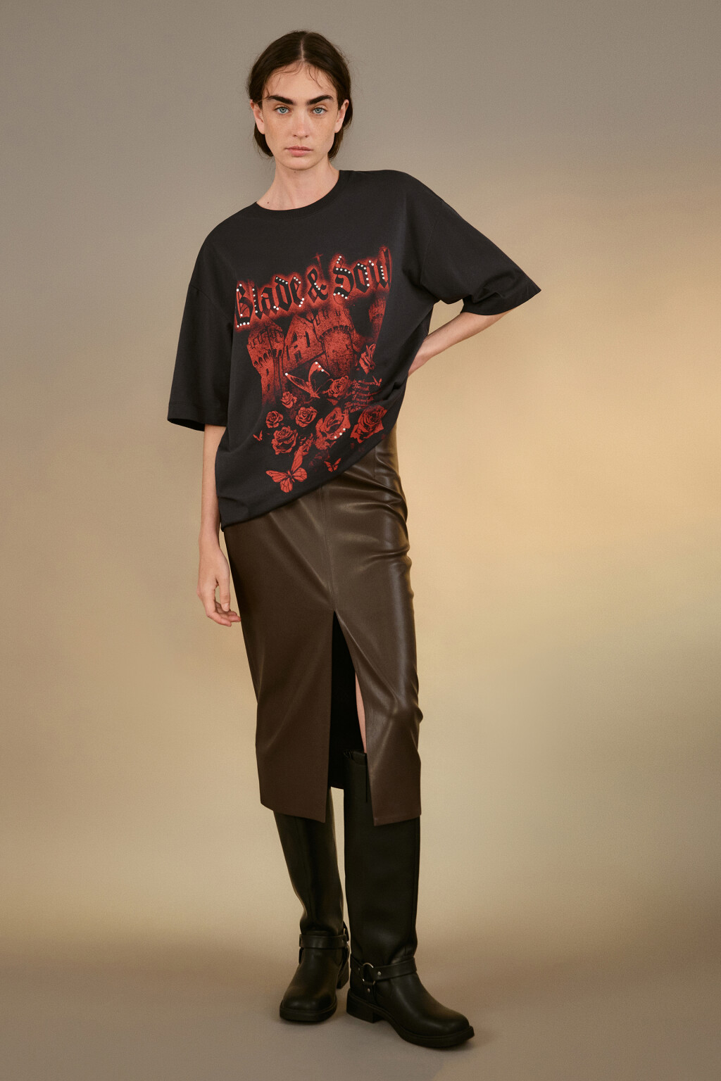 Юбка-карандаш миди с разрезом - цвет коричневый - 1