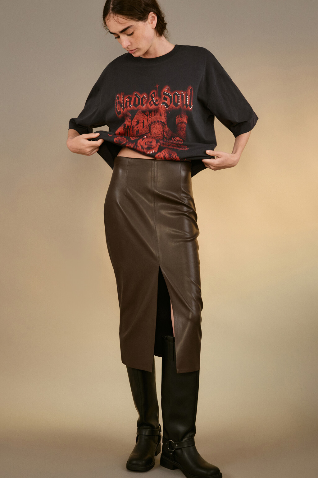 Юбка-карандаш миди с разрезом - цвет коричневый - 2