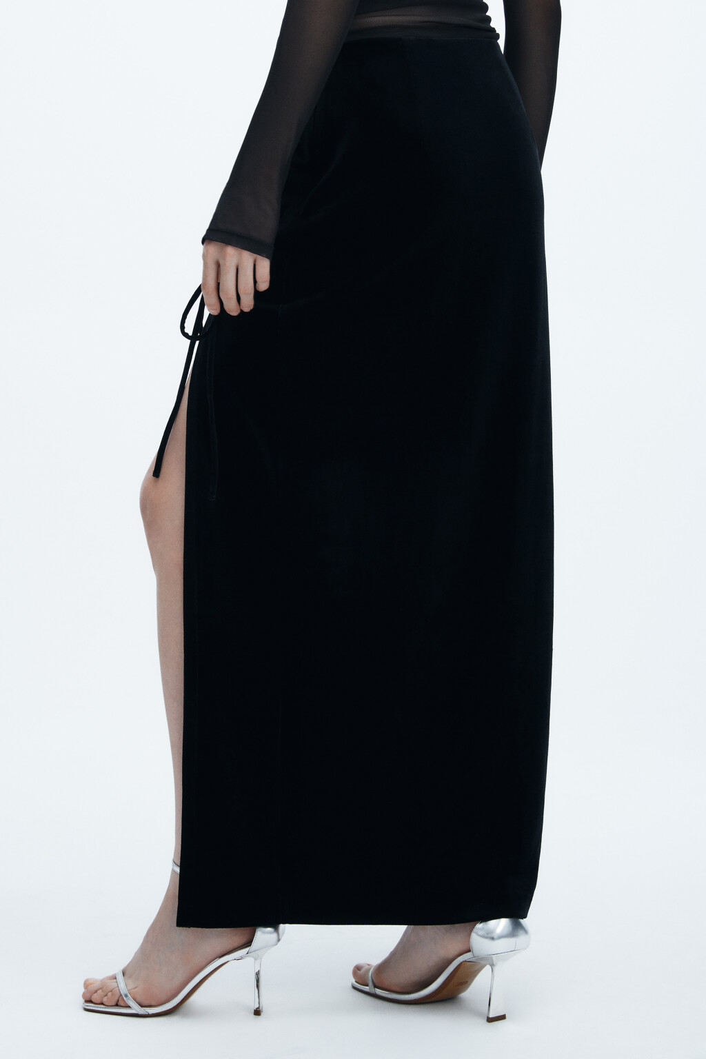 Юбка макси бархатная с драпировкой - цвет черный - 3
