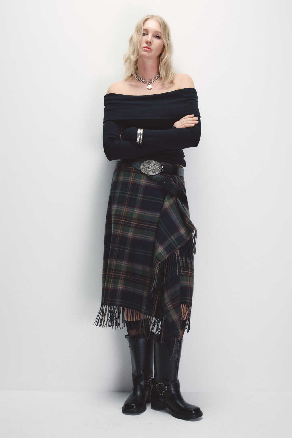 Юбка миди с запахом и бахромой - цвет зеленый - 4