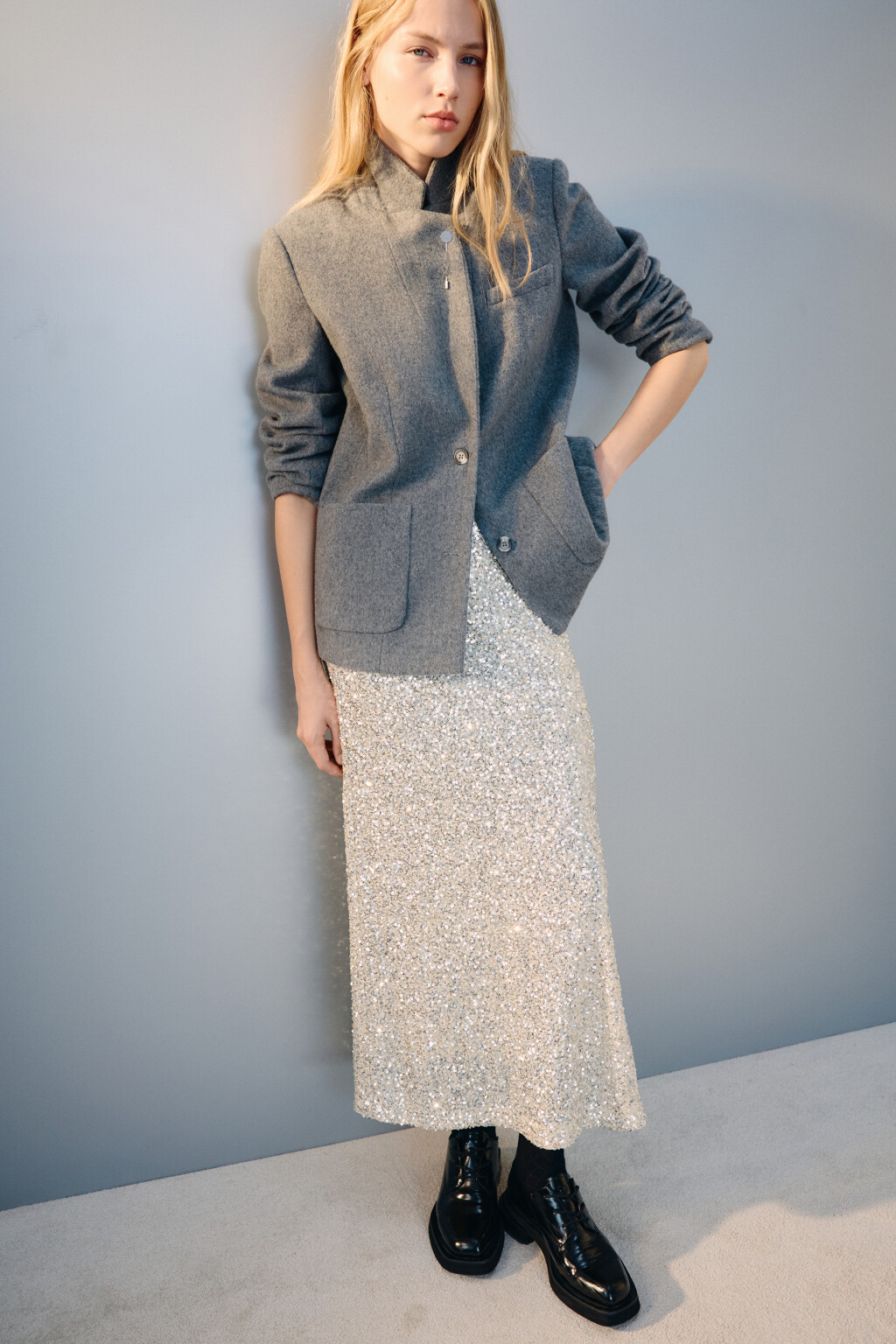 Юбка-годе макси с пайетками - цвет серый - 1