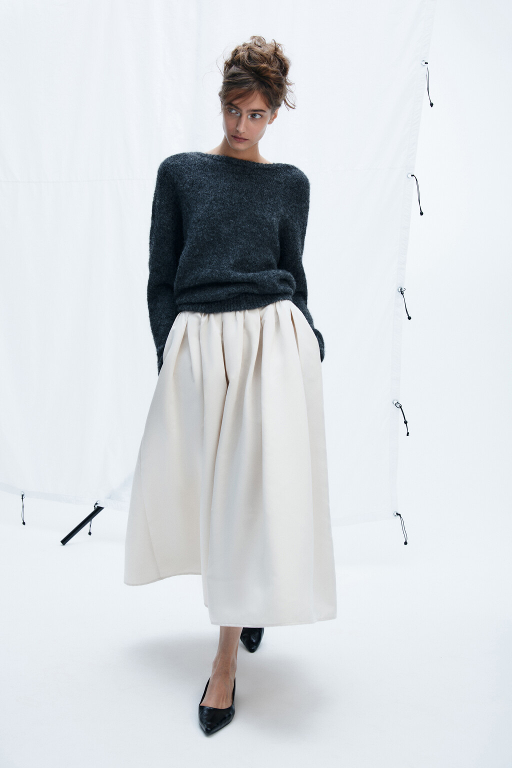 Юбка миди пышная атласная - цвет ванильный - 3