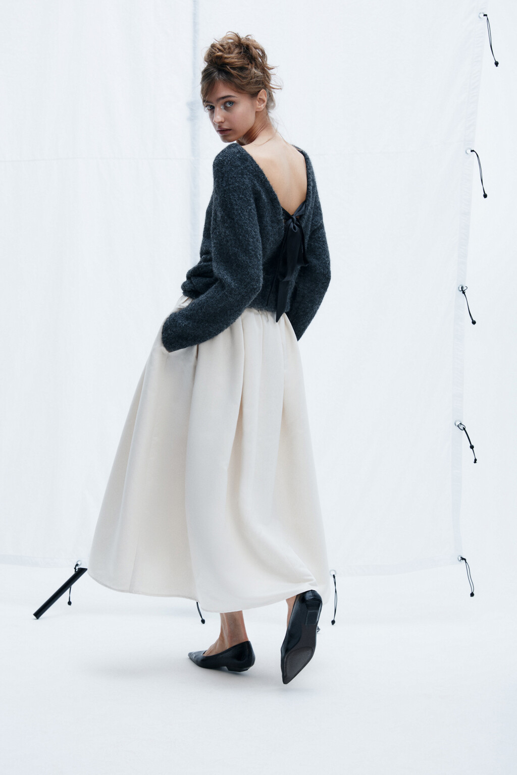 Юбка миди пышная атласная - цвет ванильный - 4