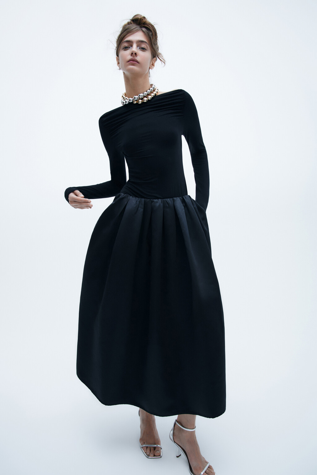 Юбка миди пышная атласная - цвет черный - 1