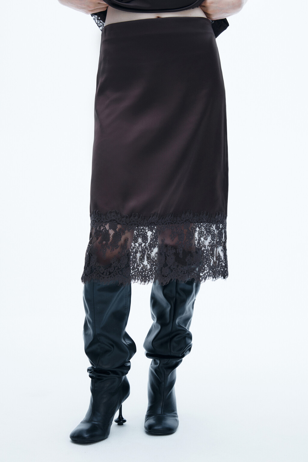 Юбка-годе миди с кружевом - цвет коричневый - 2