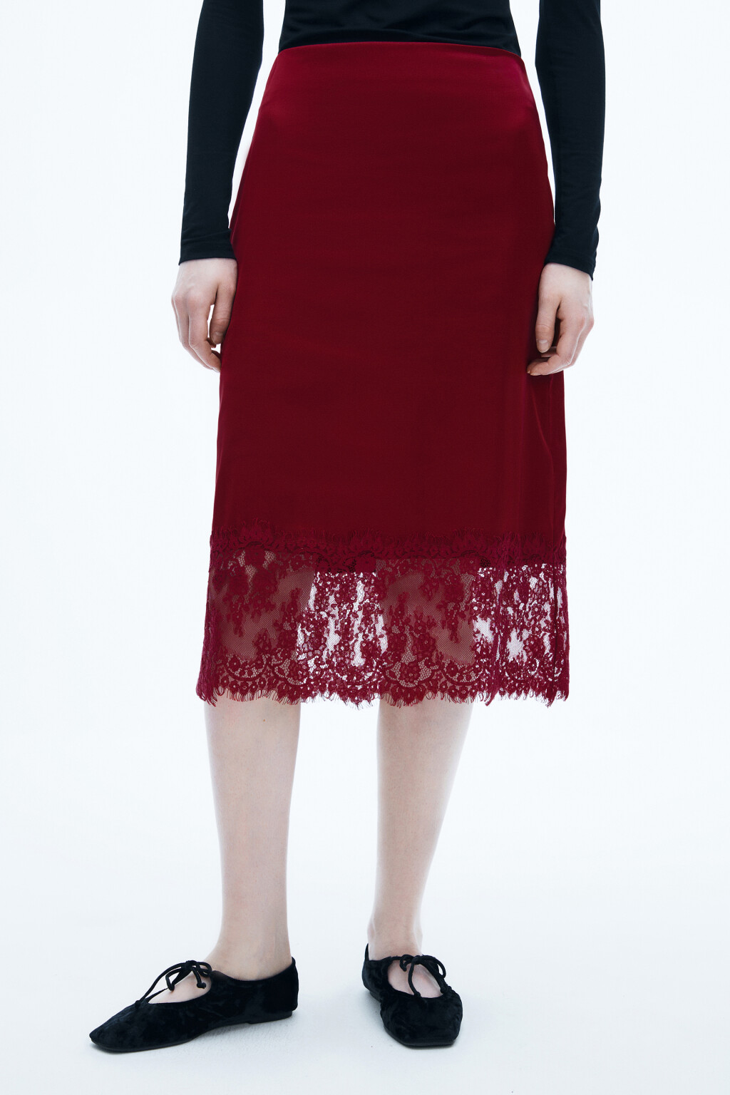 Юбка-годе миди с кружевом - цвет красный - 2