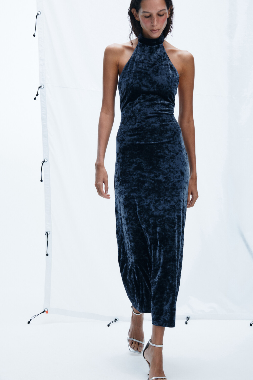 Платье миди бархатное с воротником - цвет синий - 4