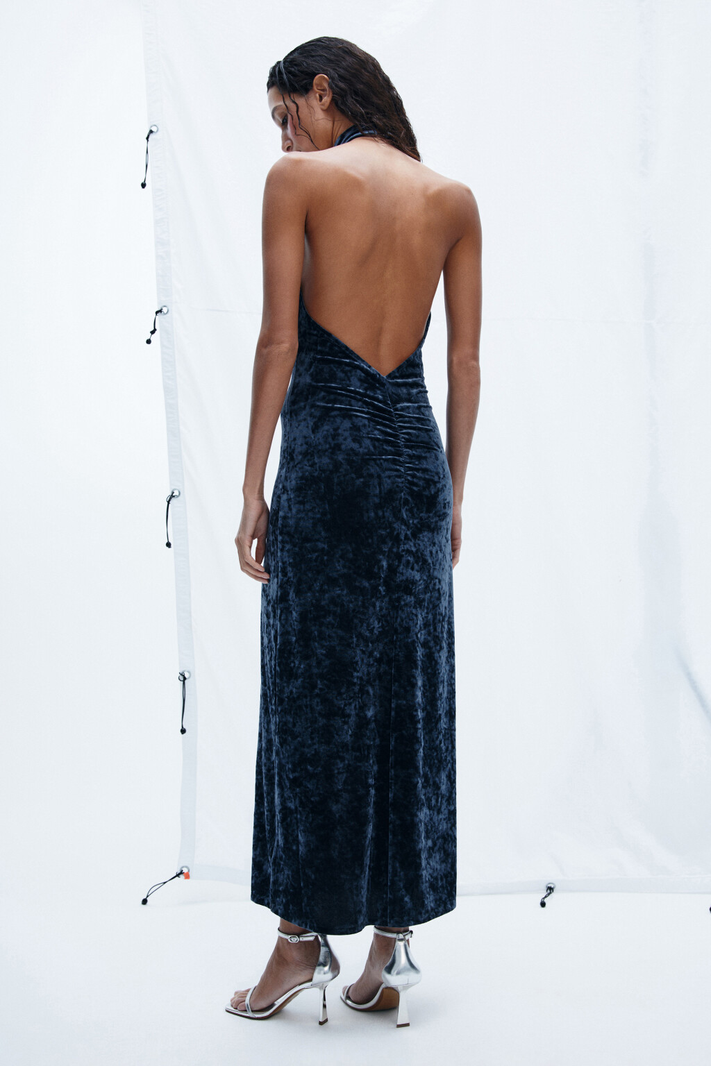 Платье миди бархатное с воротником - цвет синий - 3