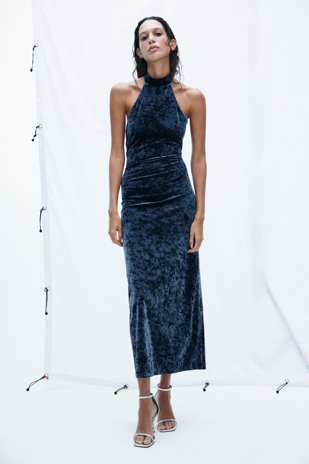 Платье миди бархатное с воротником - цвет синий - 6