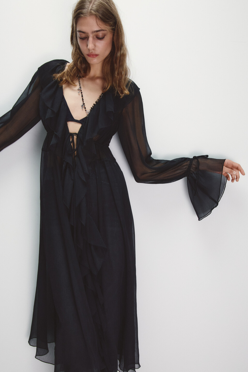 Платье-туника шифоновое с воланами - цвет черный - 2