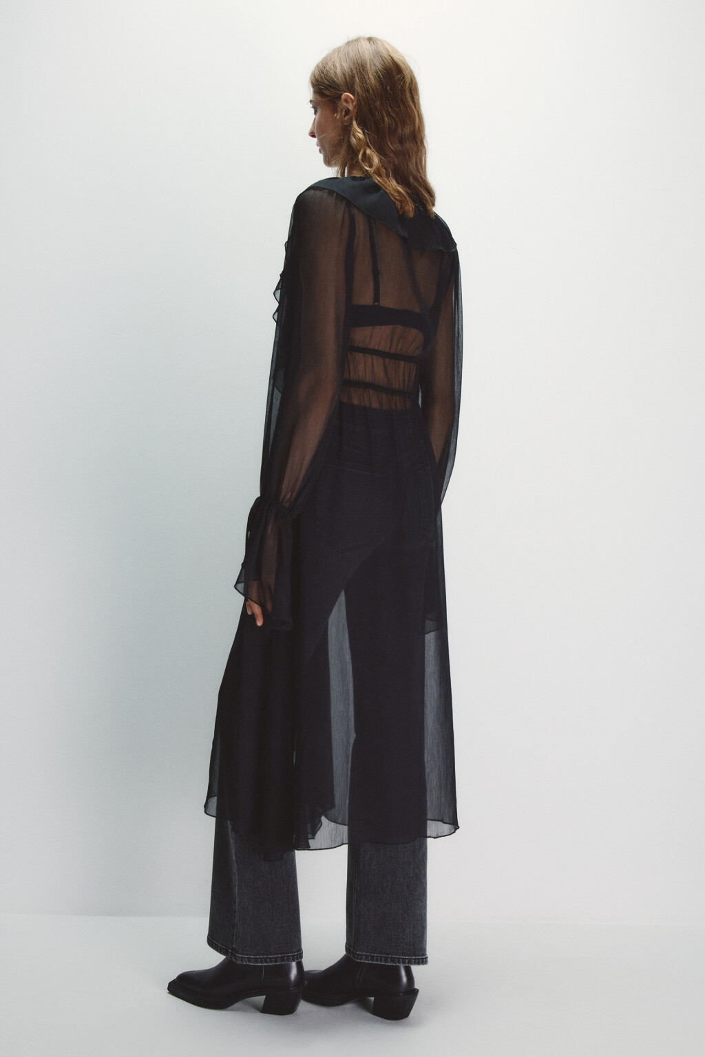 Платье-туника шифоновое с воланами - цвет черный - 4